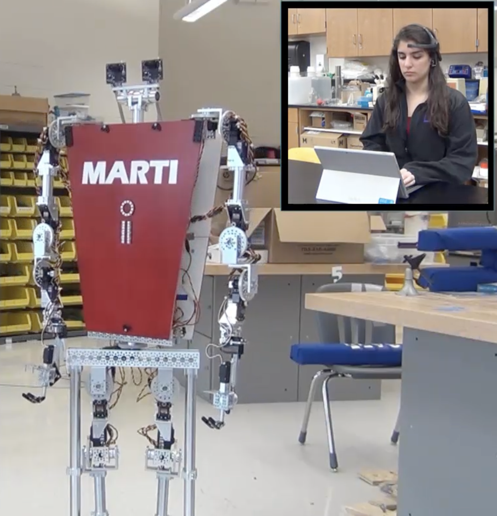 Humanoid robot stands in laboratory. Overlaid image of a woman sitting in front of a laptop, 
                    wearing a headset with an electrode on her temple.